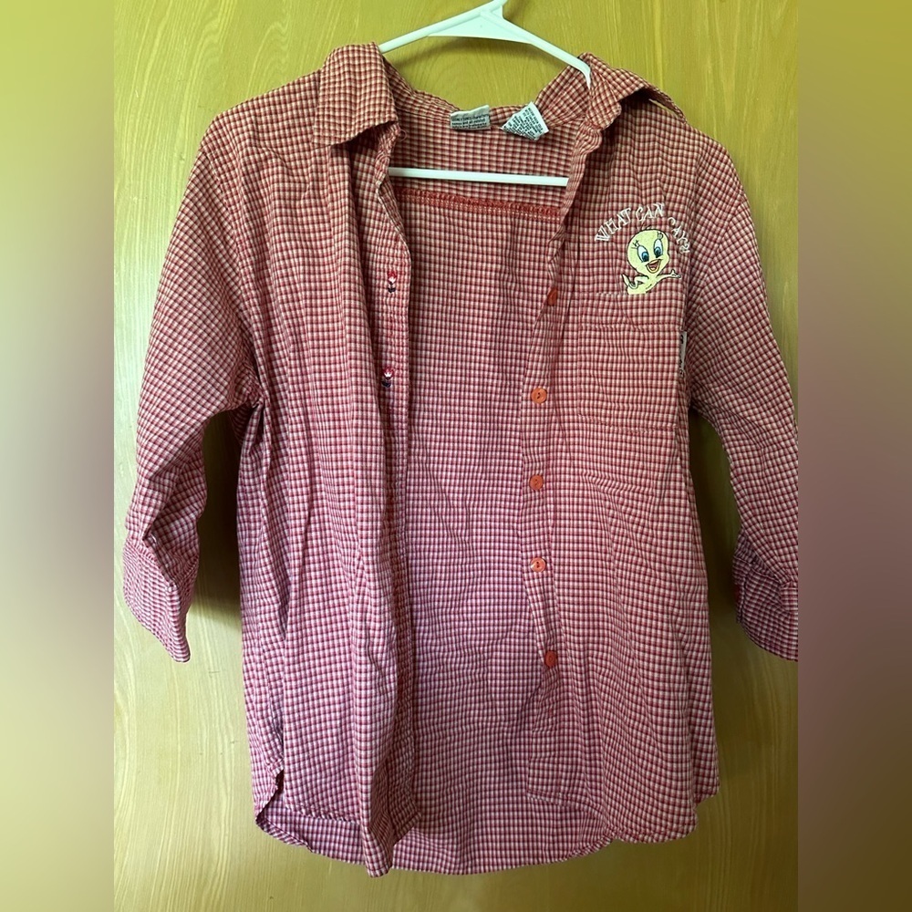 Vintage Tweety Red Gingham Plaid 3/4 Sleeve Button Down/Up
